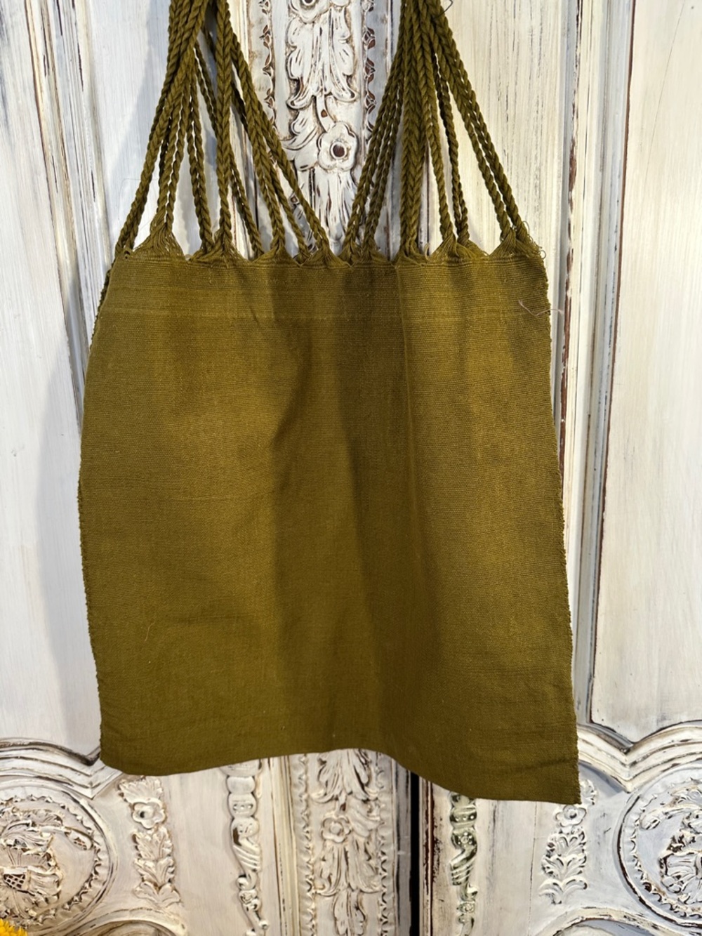 Unbranded Olive Green Woven Tote with Geometric Embroidery - Picture 5 of 6